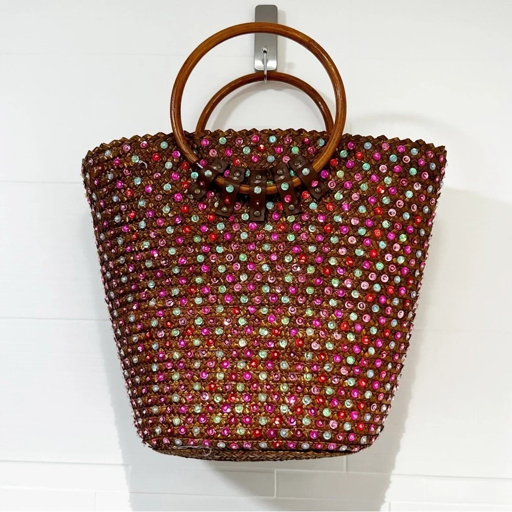 Victoria Secret sequined basket bag with wooden handles. Vintage